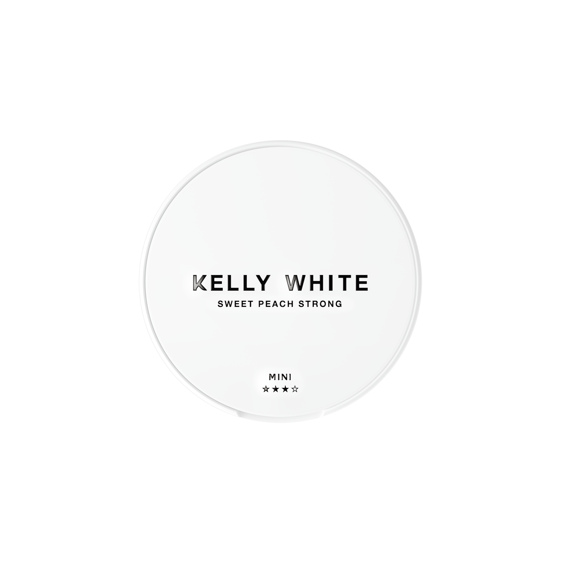 Front view of the Kelly White Sweet Peach Strong pouch featuring bold text and simple design in peach and white on a trans…