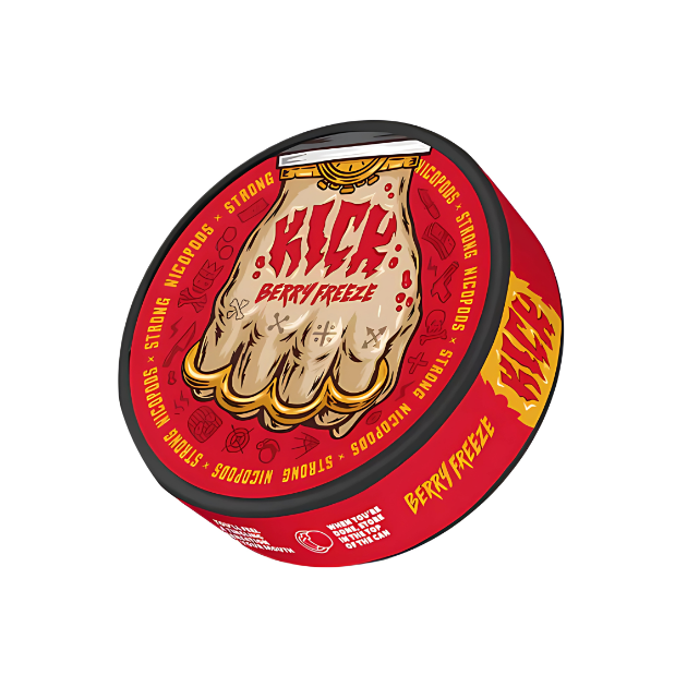 Front view of the red Kick Berry Freeze snus container featuring a graphic design and screw top.