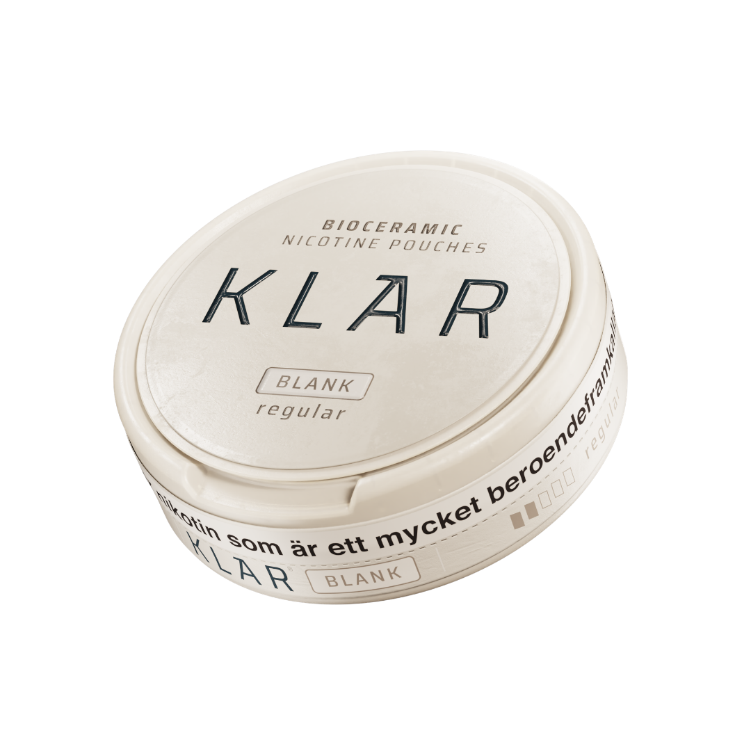 Detail close-up of the round Klar cream container with a white label on a white background