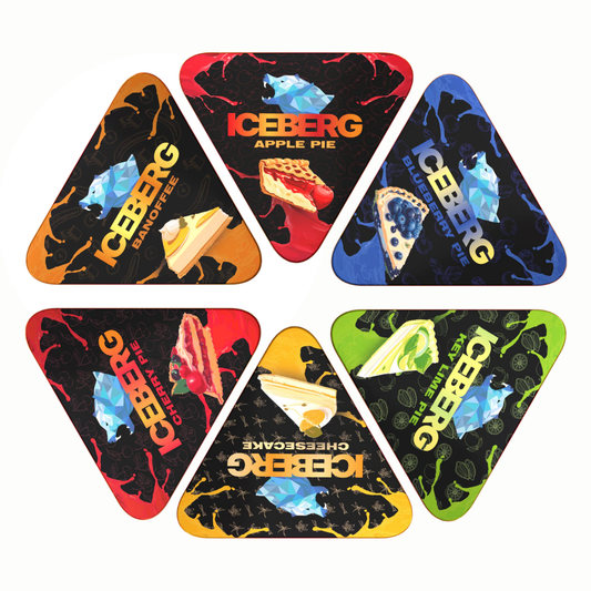 Front view of colorful triangular pie mix packs featuring various dessert flavors on a white background.