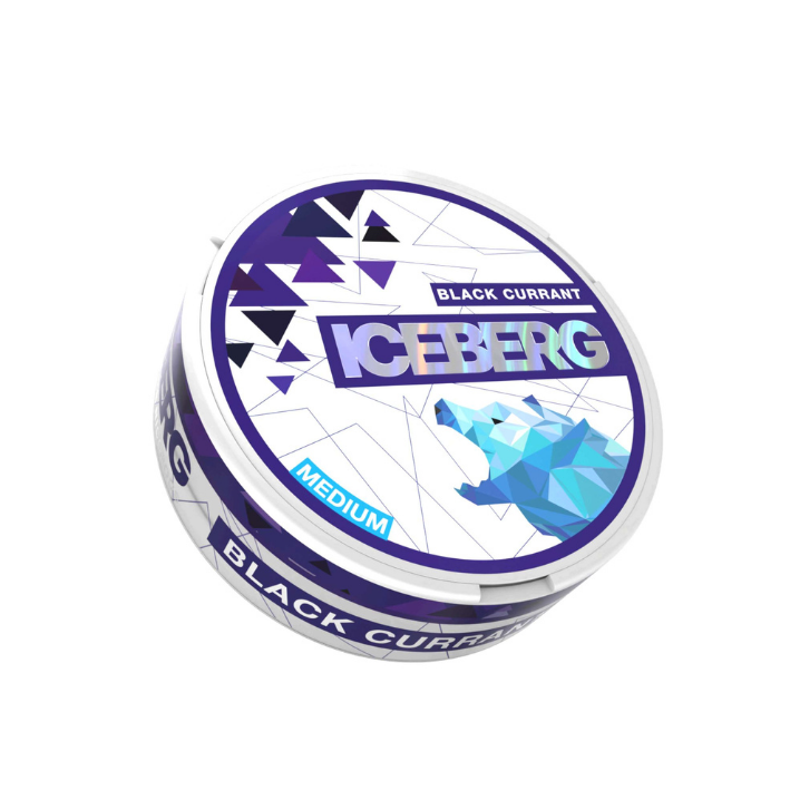 Front view of the Iceberg Black Currant snus can featuring a blue and purple polar bear graphic.