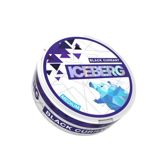 Front view of the Iceberg Black Currant snus can featuring a blue and purple polar bear graphic.