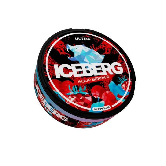 Front view of a circular tin of Iceberg Sour Berries with red, black, and blue graphic design.