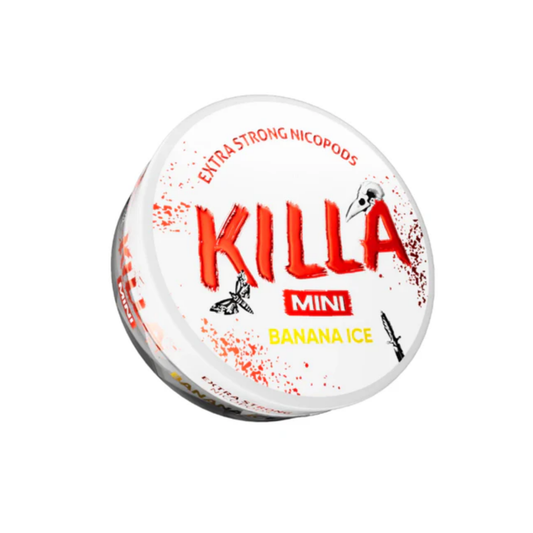 Detail close-up of a circular snus can featuring a red and white design with banana ice flavor indication.