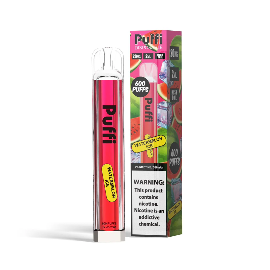 Packaging of Puffi Watermelon Vape featuring a colorful design with pink, green, and yellow colors, and a transparent tube.
