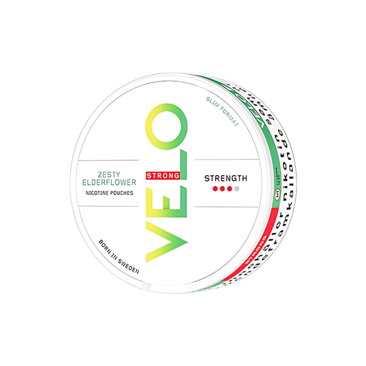 Detail close-up of the Velo Zesty Elderflower snus can featuring a white, green, yellow, and red flavor label.