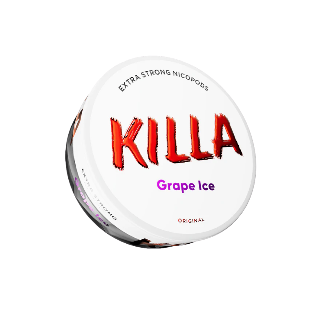 Detail close-up of Killa Grape Ice Snus can showcasing bold text and grape flavor on a transparent background