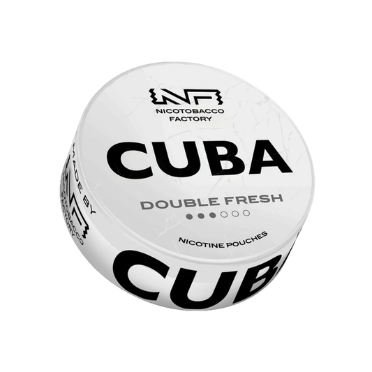 Detail close-up of Cuba White Double Fresh nicotine pouch in a round container with bold text on a transparent background