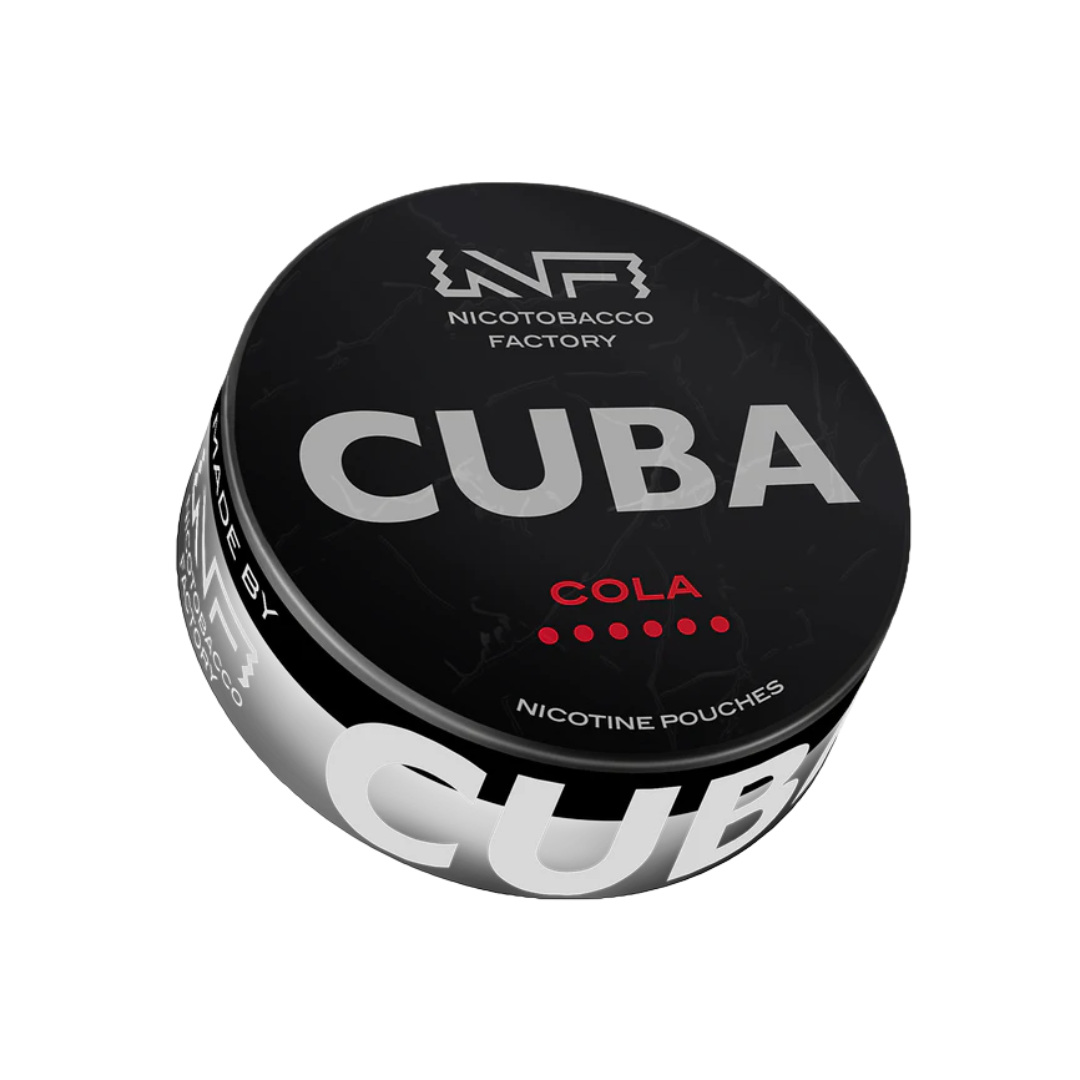 Front view of the CUBA cola can in black and silver featuring bold text and a circular design.