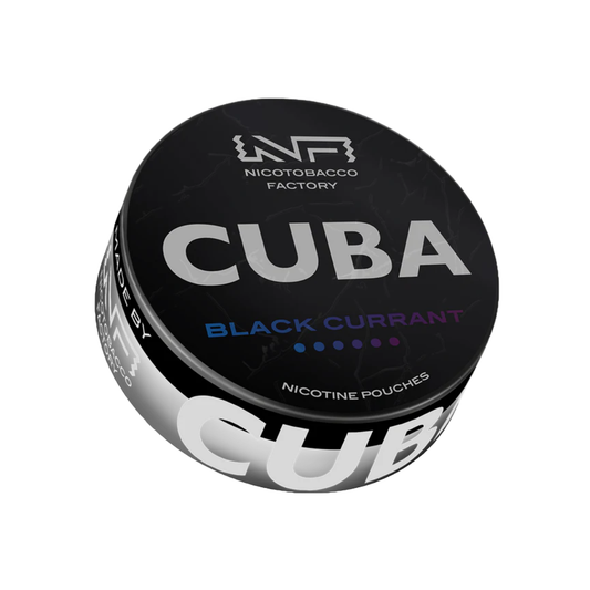 Front view of Cuba Blackcurrant nicotine pouches in a sleek black and silver round tin with label text.