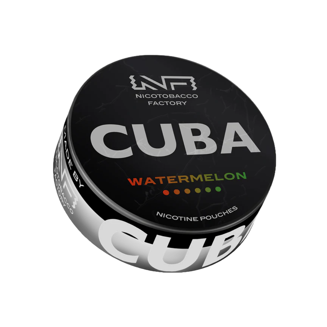 Detail close-up of Cuba Black Watermelon nicotine pouch packaging with bold text and vibrant flavor label.