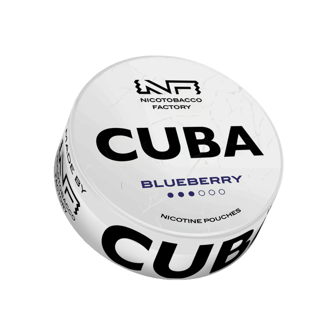 Detail close-up of Cuba Blueberry nicotine pouch tin showcasing bold text and blueberry scent on a transparent background.