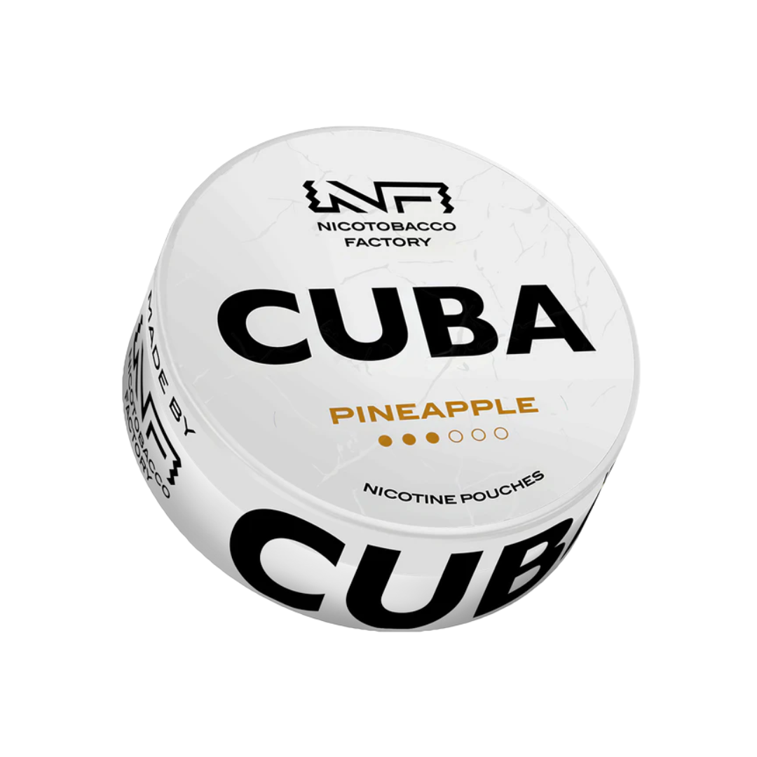 Detail close-up of the Cuba Pineapple tin showcasing bold text, round shape, and colors of white, black, and gold.