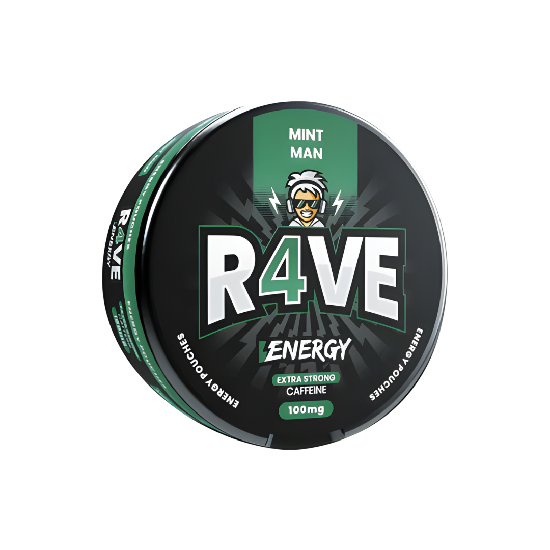 Front view of the Rave Energy Mint Man canister in black, green, and white with bold text.