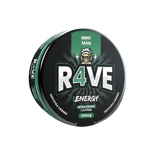 Front view of the Rave Energy Mint Man canister in black, green, and white with bold text.