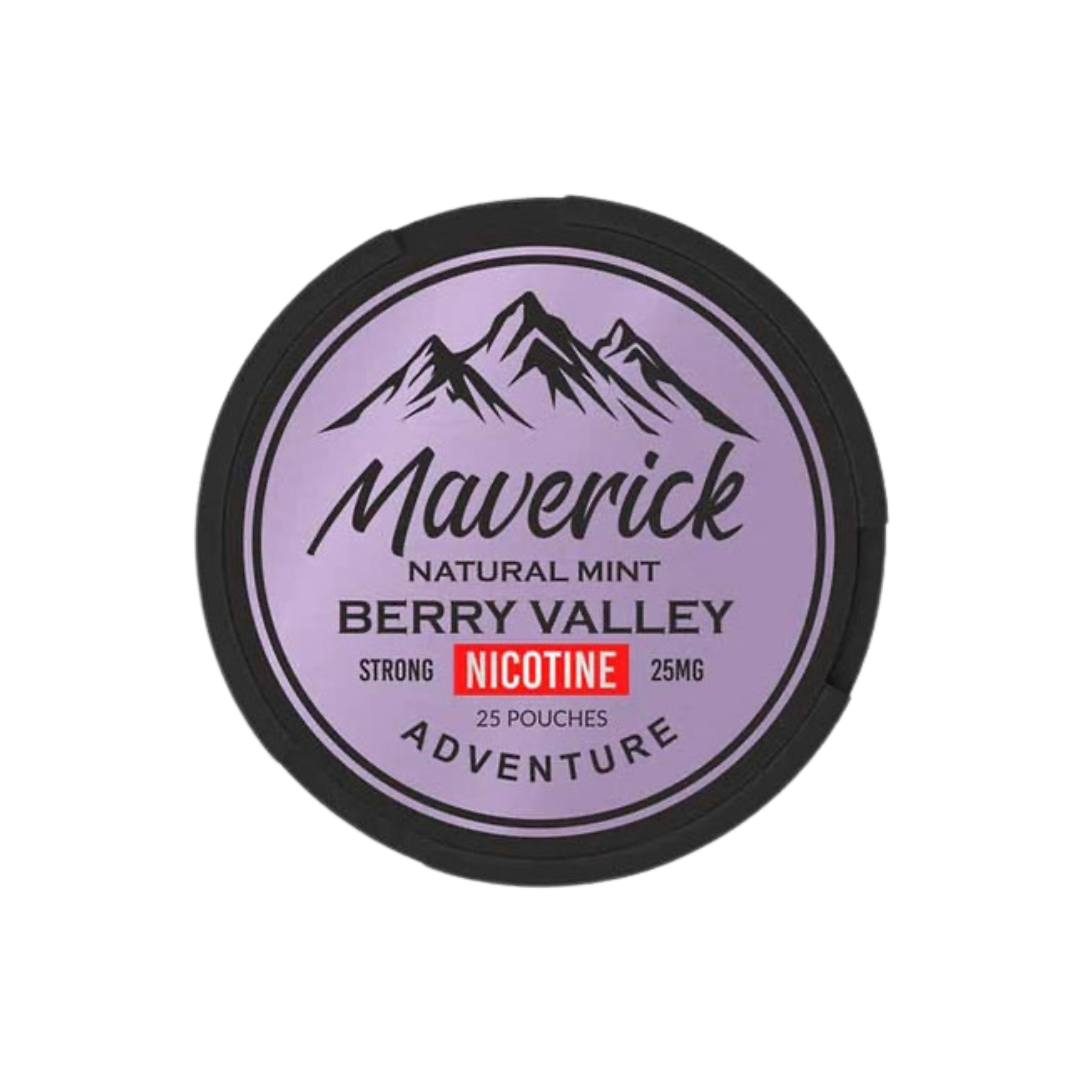 Detail close-up of Maverick lip balm in a circular tin featuring a mountain graphic, purple and black colors.