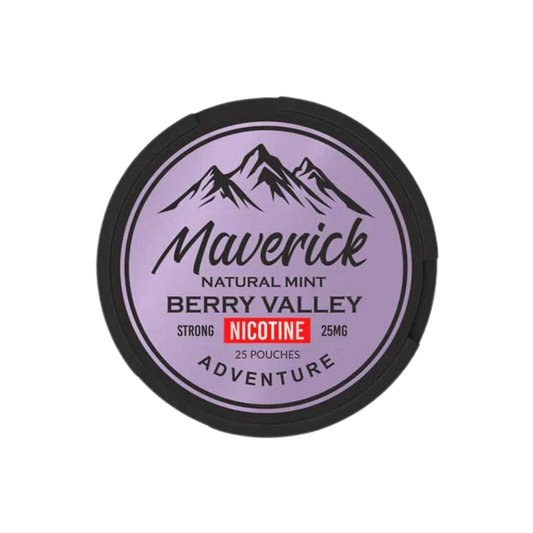 Detail close-up of Maverick lip balm in a circular tin featuring a mountain graphic, purple and black colors.