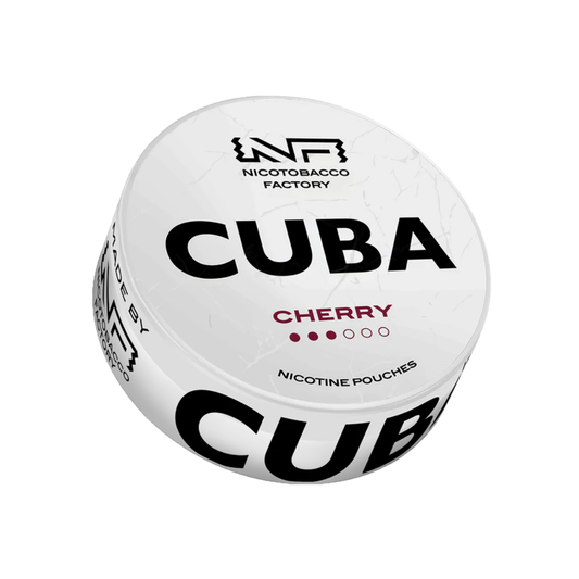 Detail close-up of Cuba Cherry tin showcasing bold text, round shape, and cherry scent on a transparent background