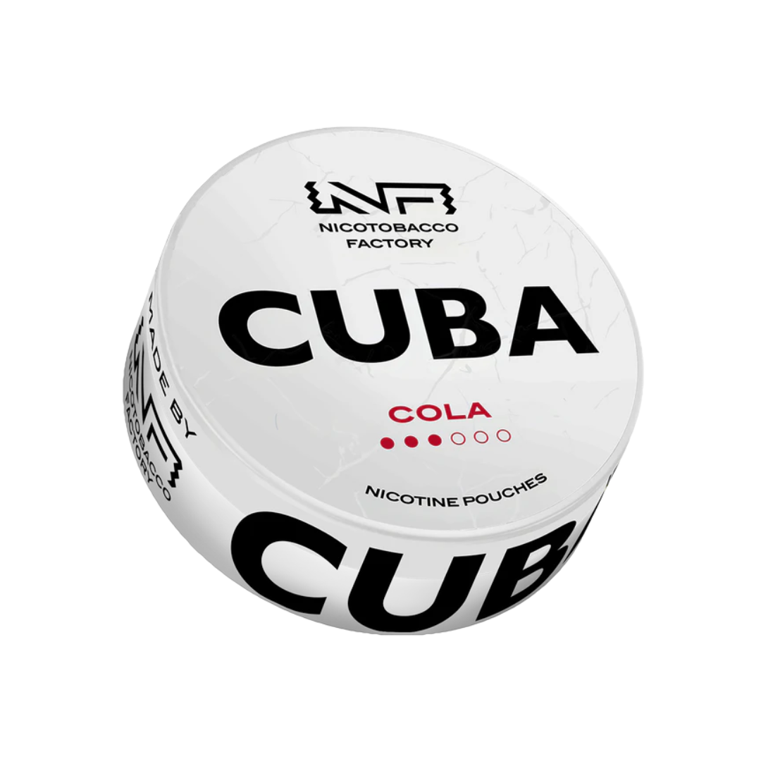 Detail close-up of the Cuba White Cola round container showcasing bold white and black text.