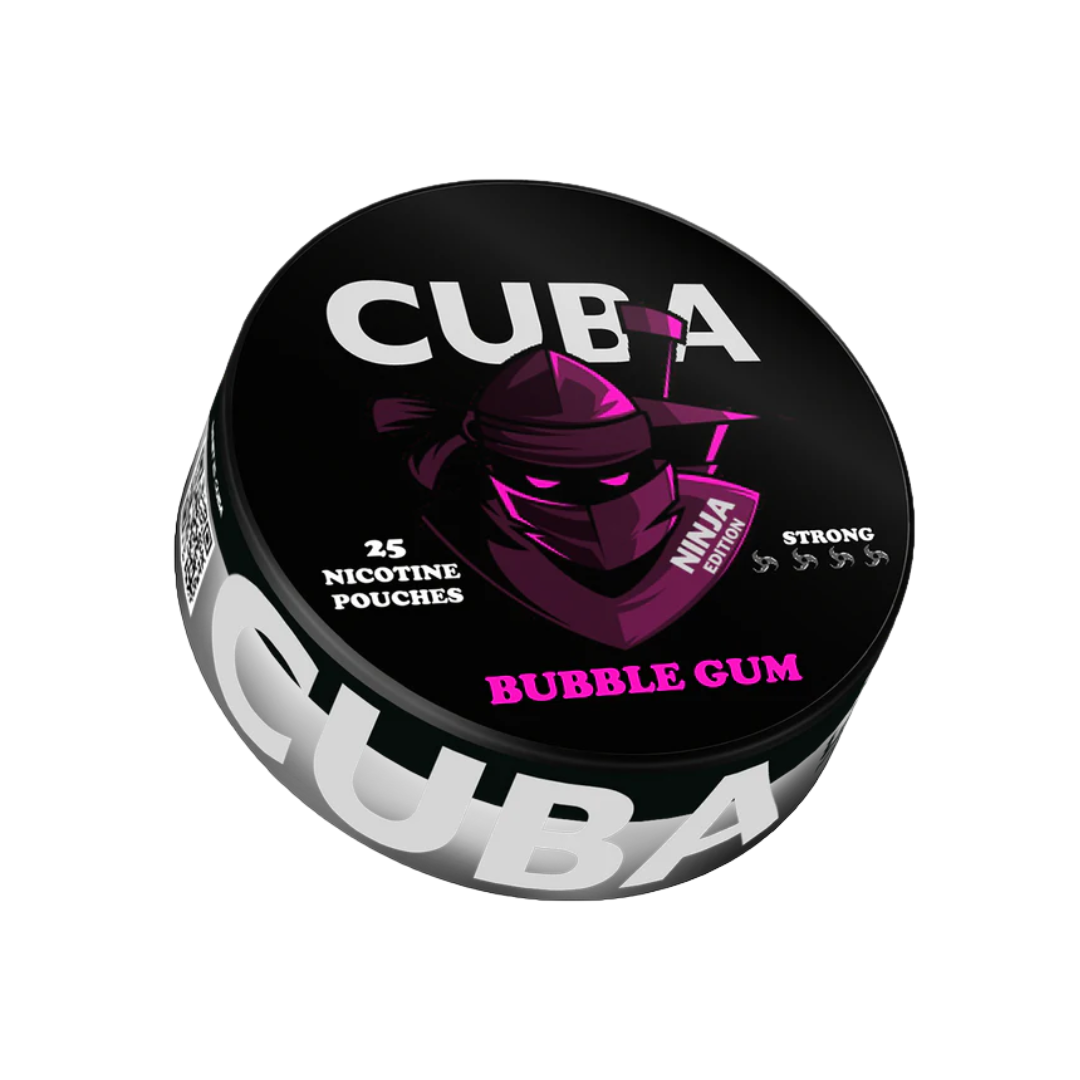 Detail close-up of a circular tin featuring Cuba Ninja Bubblegum nicotine pouches in black and purple.
