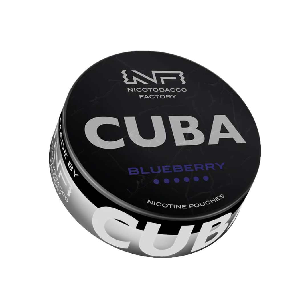 Front view of the Cuba Black Blueberry nicotine pouch can, showcasing a round tin with a blueberry scent.