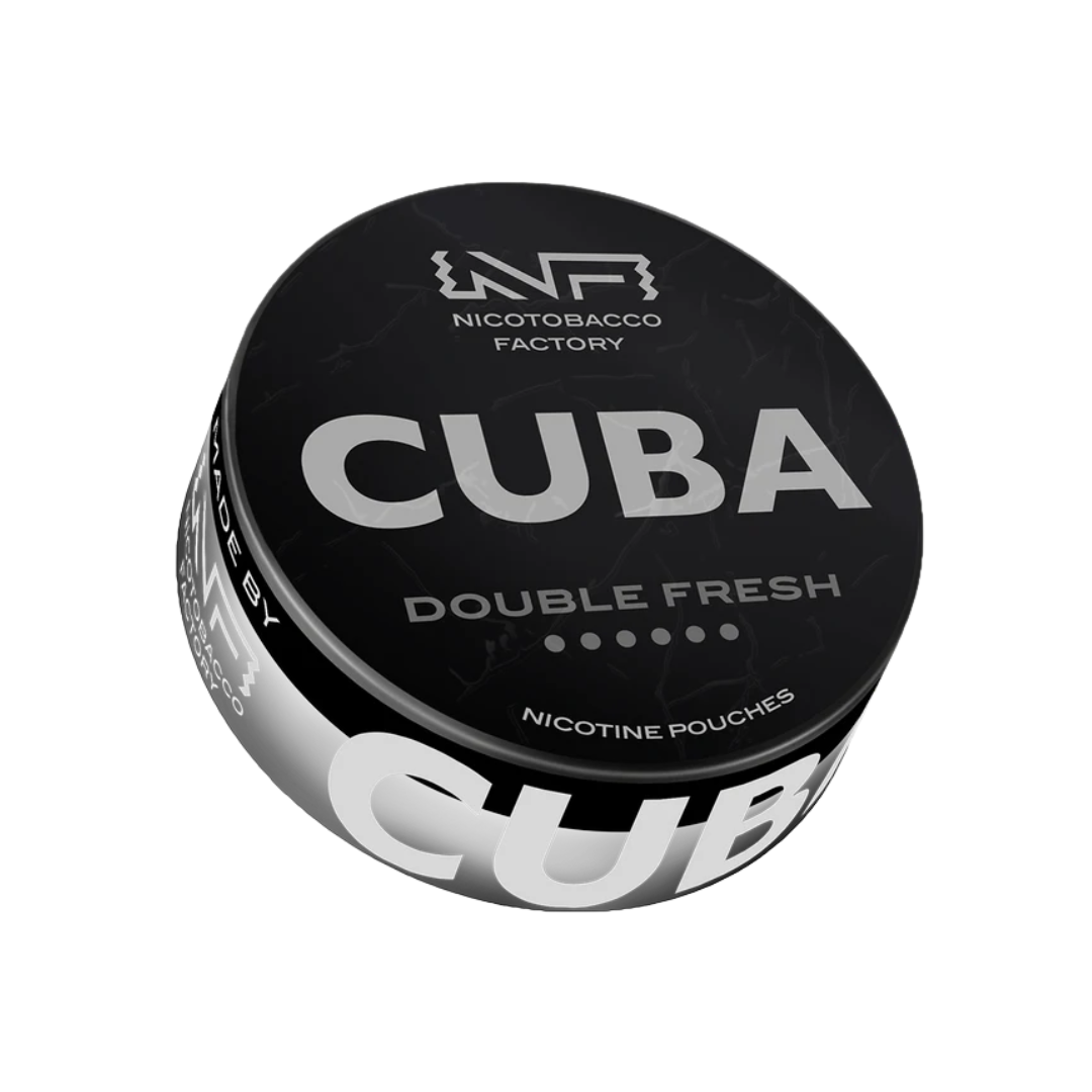Detail close-up of Cuba Black Double Fresh nicotine pouch tin featuring bold black and silver design.