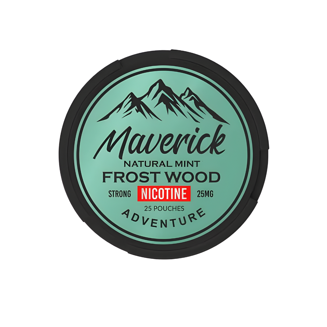 Detail close-up of Maverick Frost Wood featuring a mountain graphic and circular label in green and black colors.