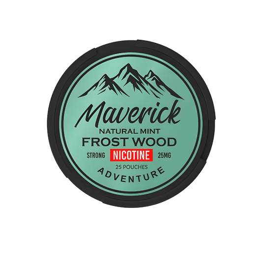 Detail close-up of Maverick Frost Wood featuring a mountain graphic and circular label in green and black colors.