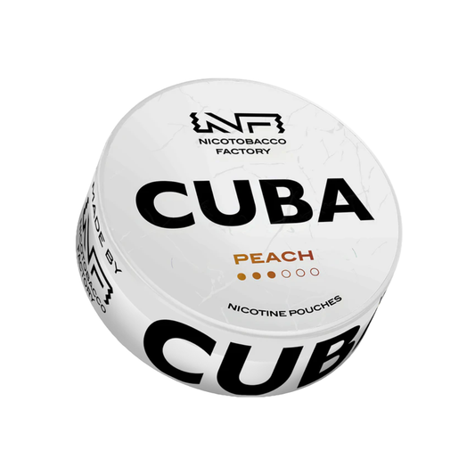 Detail close-up of the round Cuba fragrance container in white and black with bold text on a transparent background.