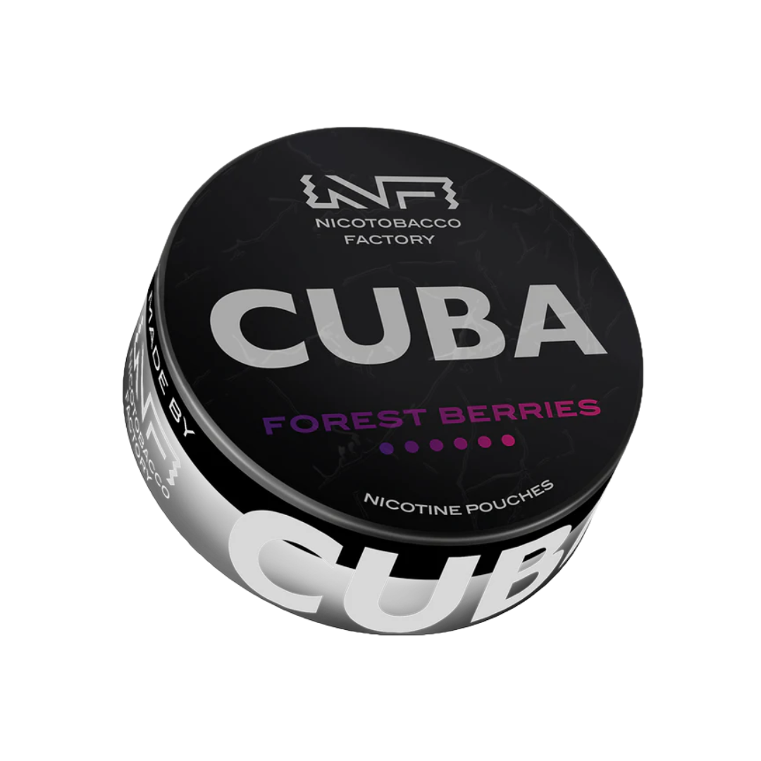 Detail close-up of Cuba Black Forest Berries nicotine pouch in a round tin with bold text and special offer, featuring bla…