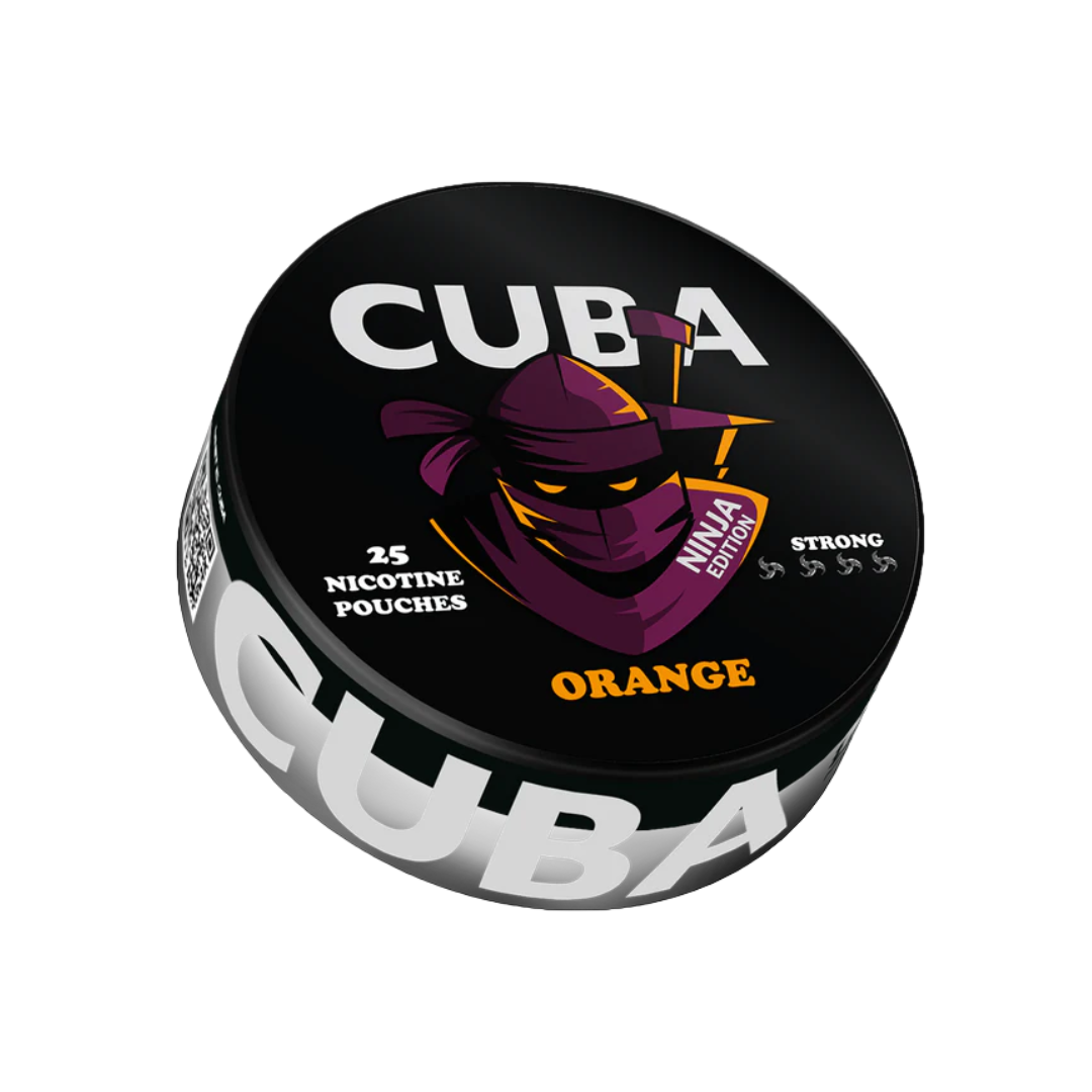 Front view of the circular tin containing Cuba Ninja Orange nicotine pouches, featuring a graphic design in black, purple,…