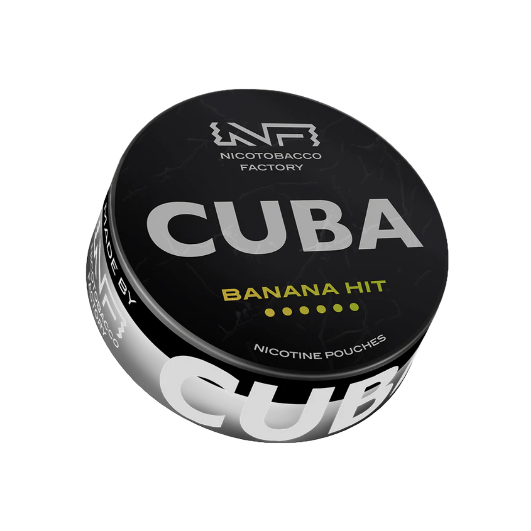 Front view of Cuba Banana Black Hit nicotine pouches in a round tin with bold text and a flavor label.