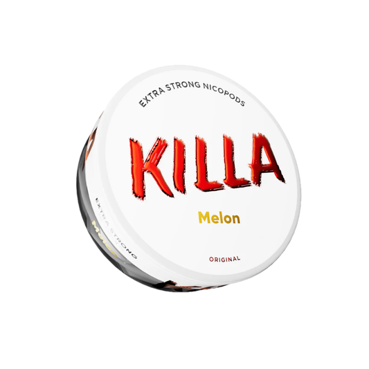 Front view of a circular can of Killa Melon Snus with bold text and flavor label on a transparent background.