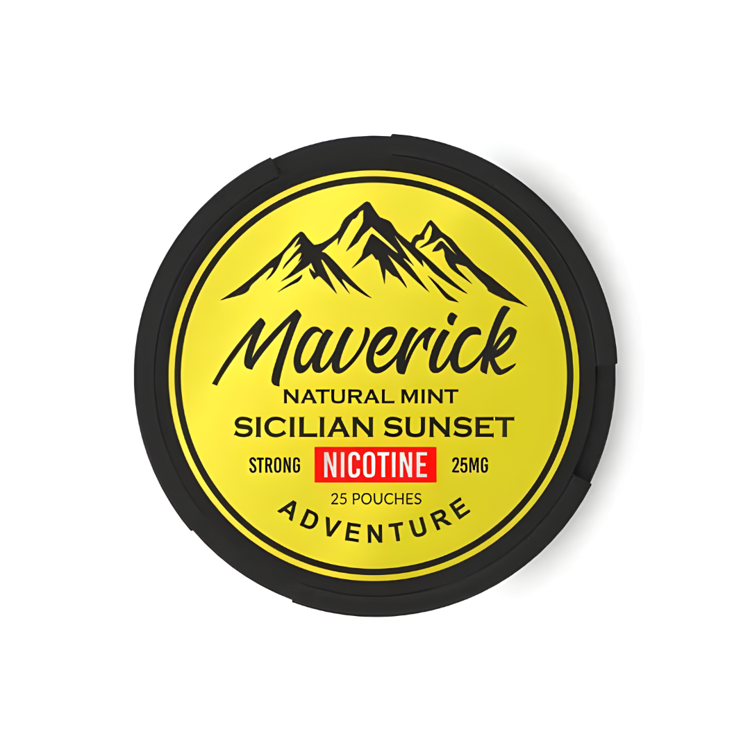 Detail close-up of a yellow tin can featuring a mountain graphic and brand label on a white background