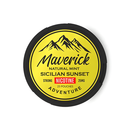 Detail close-up of a yellow tin can featuring a mountain graphic and brand label on a white background