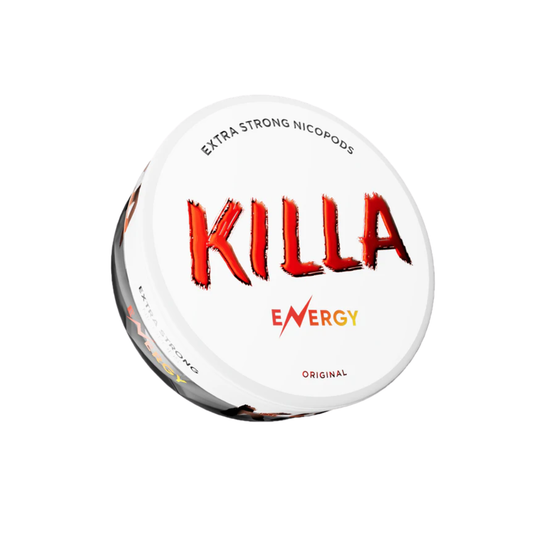 Front view of the Killa Energy round can featuring bold red text and brand logo on a white background