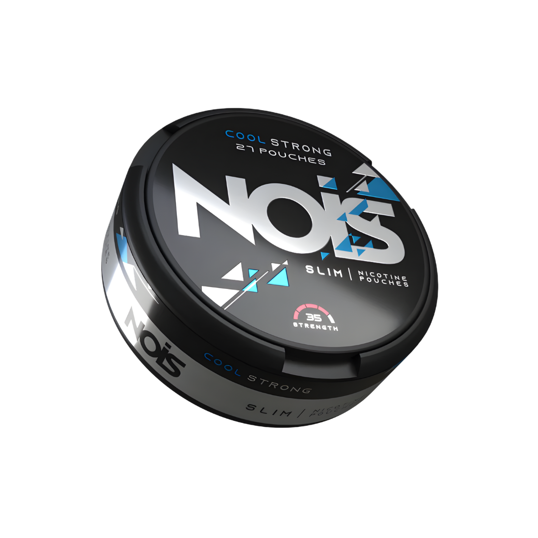 Front view of Nois Cool Strong nicotine pouch container in black and blue with a round design and label.
