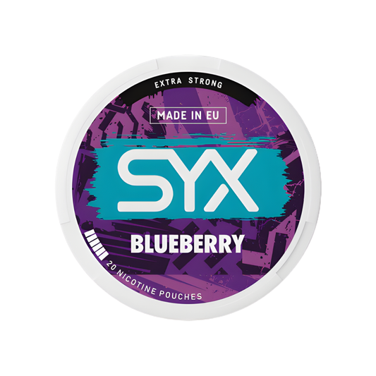 Detail close-up of the SYX Blueberry Extra Strong container featuring bold text and fruit illustration in purple and blue…