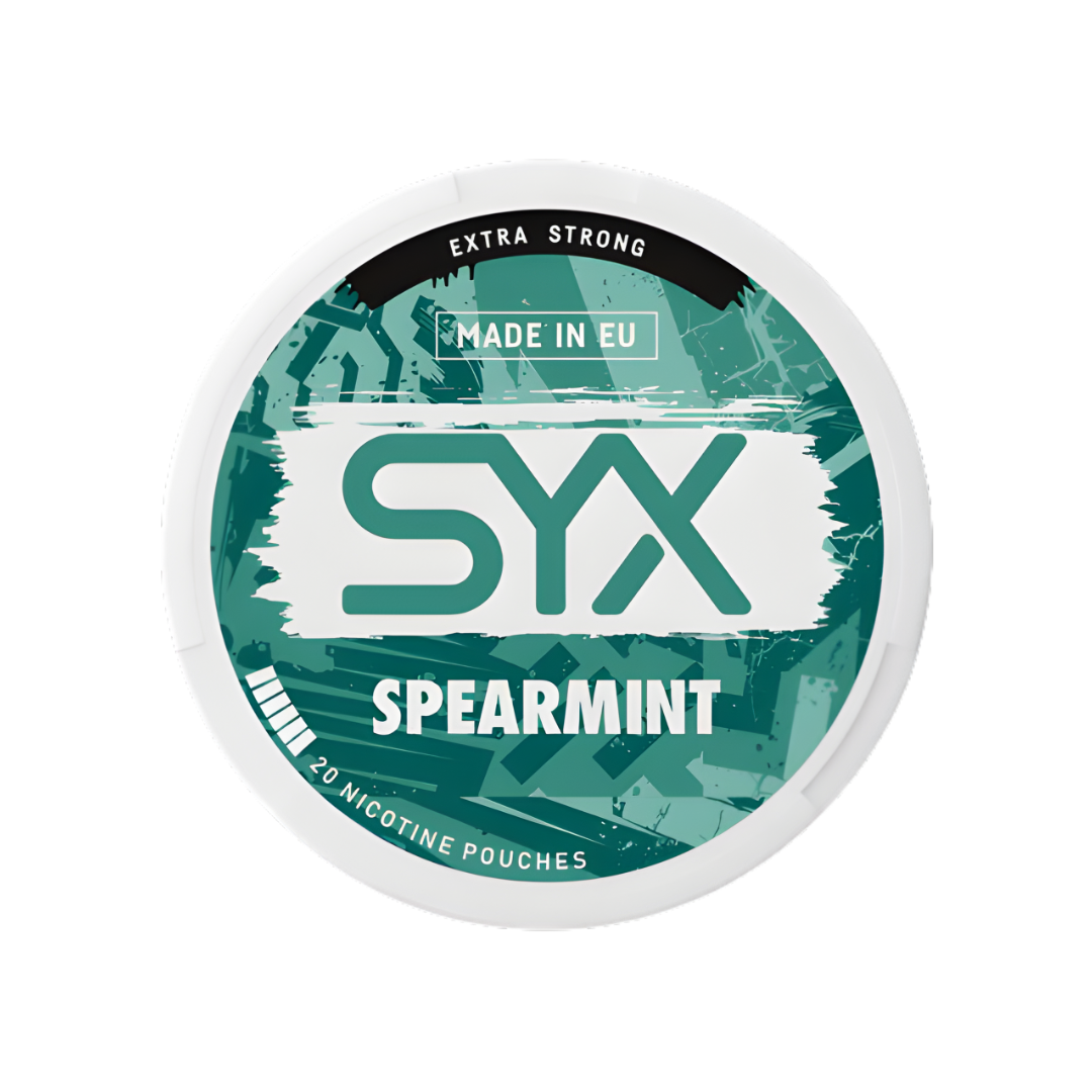 Detail close-up of the spearmint pouch in a circular container, featuring teal and white colors with brand logo.