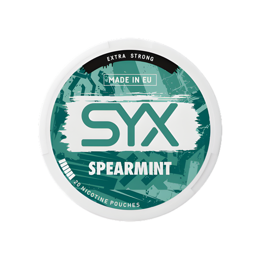 Detail close-up of the spearmint pouch in a circular container, featuring teal and white colors with brand logo.