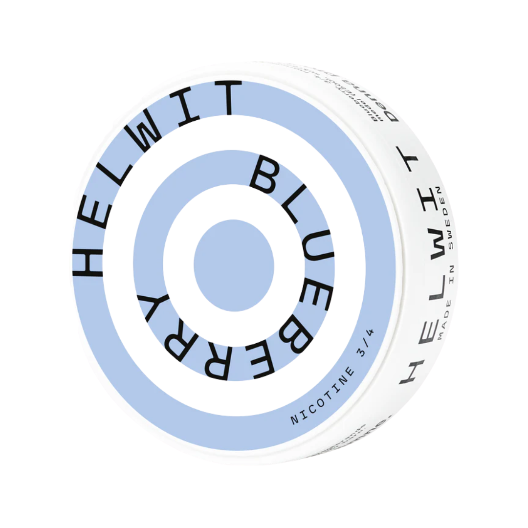 Detail close-up of blueberry flavored pouch showcasing circular design and text branding on a transparent background
