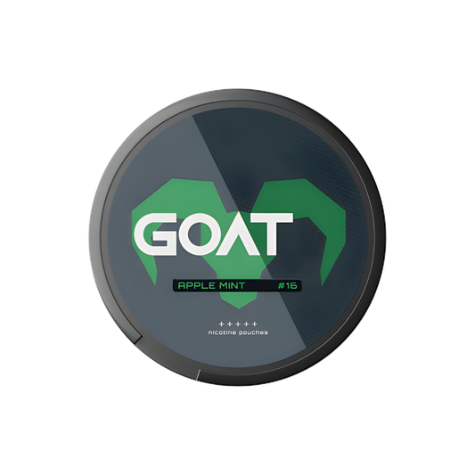 Detail close-up of Goat Apple Mint pouch container showcasing its circular shape and logo design in black and green.