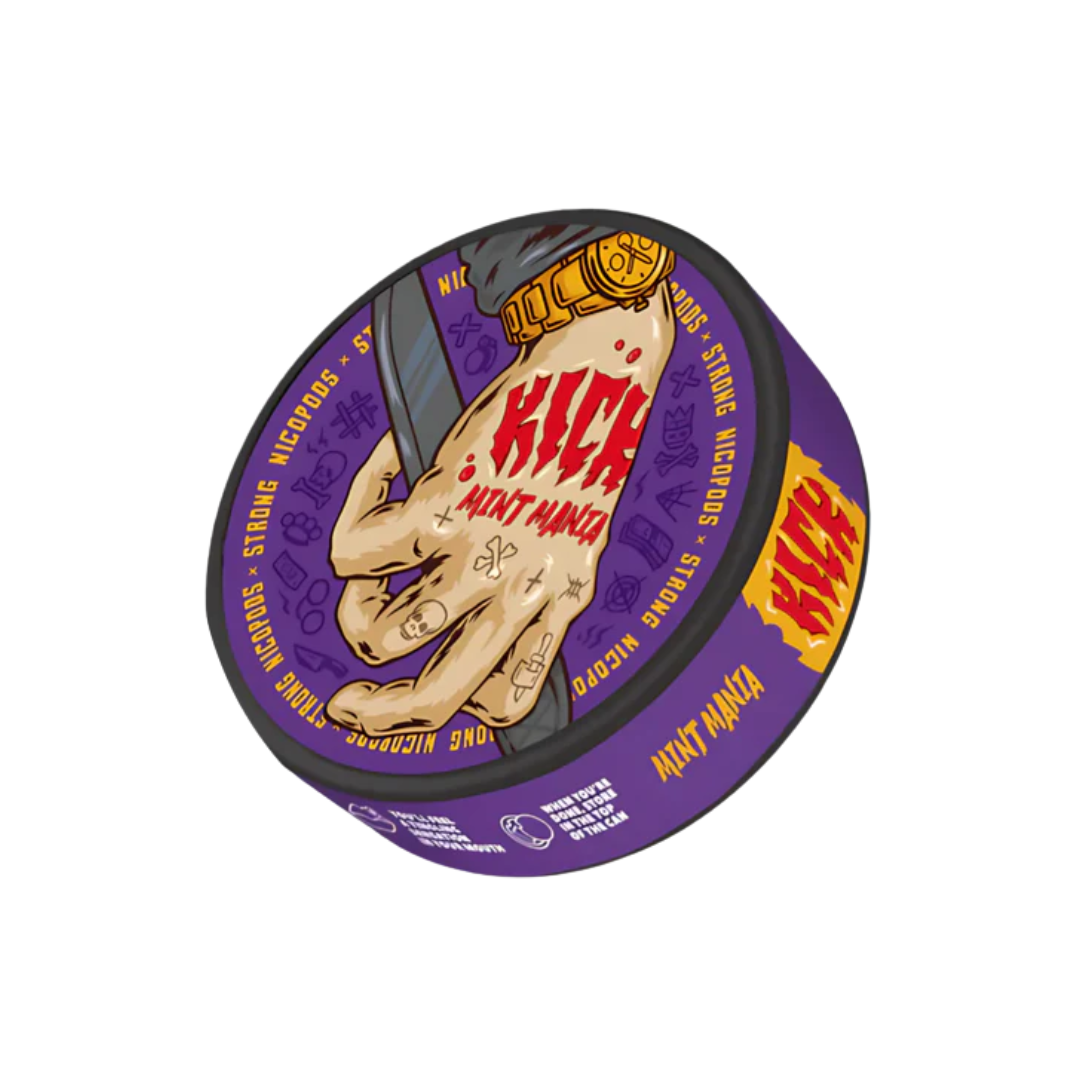 Front view of a round can of Kick Mint Mania featuring a purple, black, and white graphic label.