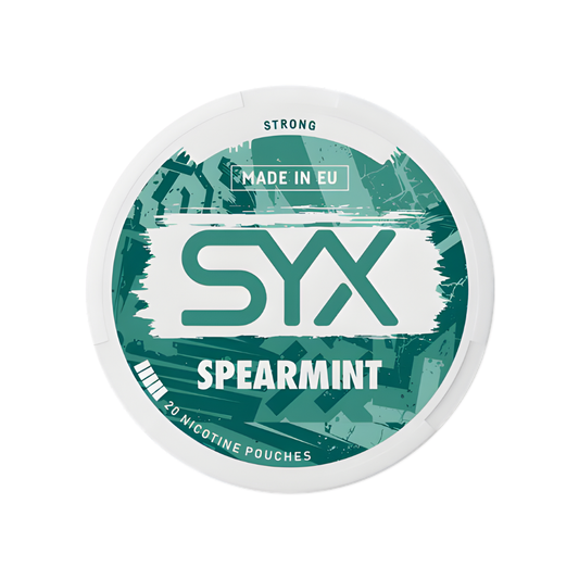 Detail close-up of the SYX Spearmint Strong pouch in a circular container, featuring green and white colors on a white bac…