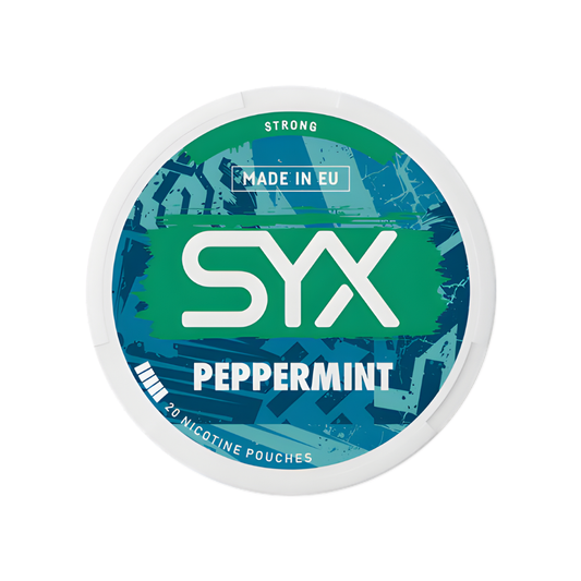 Detail close-up of the peppermint pouch in a circular container featuring green, blue, and white branding.