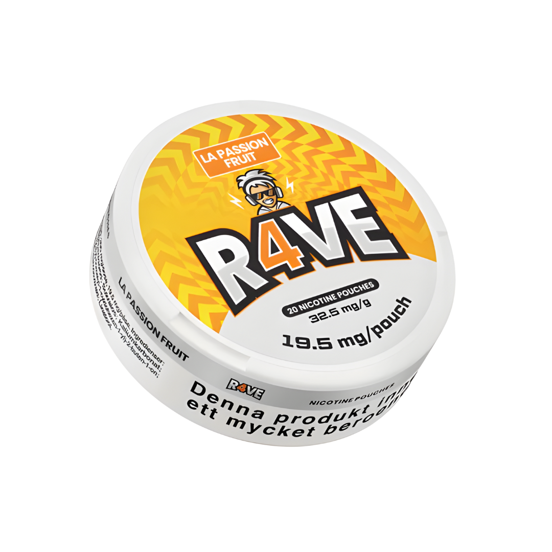 Detail close-up of the Rave LA Passion nicotine pouch can featuring a round design in yellow and white with bold text.