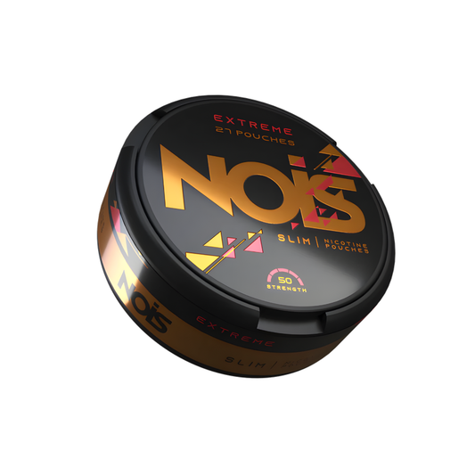 Detail close-up of the black and gold round container with colorful design for Nois Extreme.