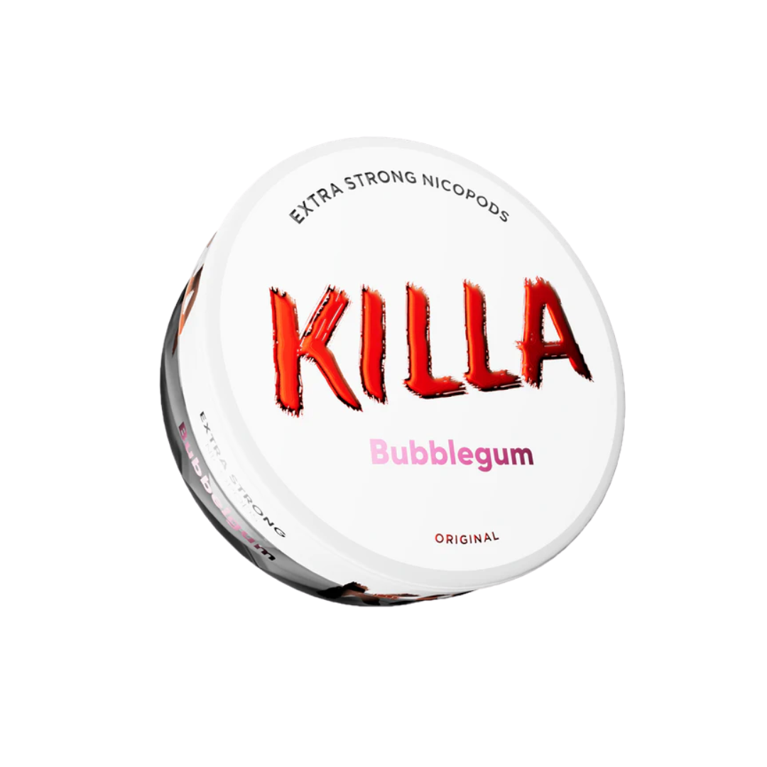 Detail close-up of Killa Bubblegum snus can showcasing bold red and white brand logo with circular design.