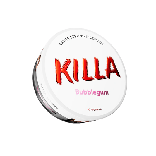 Detail close-up of Killa Bubblegum snus can showcasing bold red and white brand logo with circular design.
