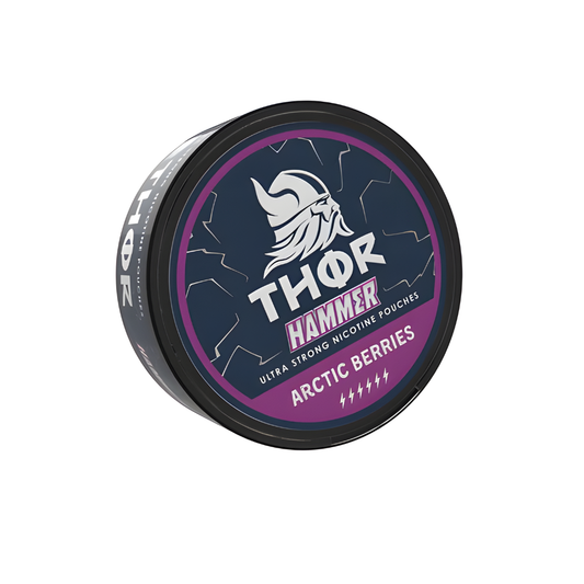 Detail close-up of Thor Hammer Arctic Berries nicotine pouch in a circular container with a logo on the lid, featuring bla…